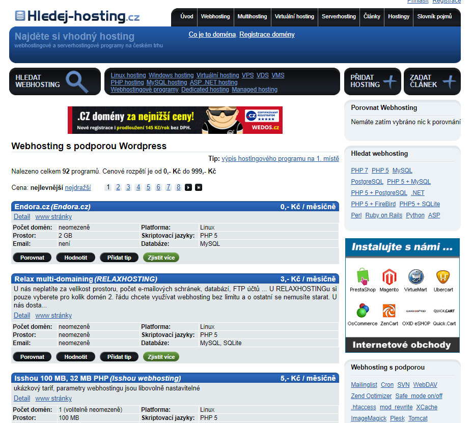 Screenshot webu Hledej-hosting.cz